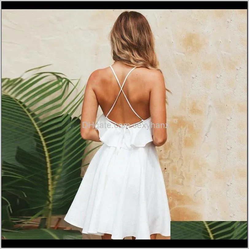 2020 women summer straps beach dress sexy v neck open back lace up ruffles mini dresses casual white dress vestidos