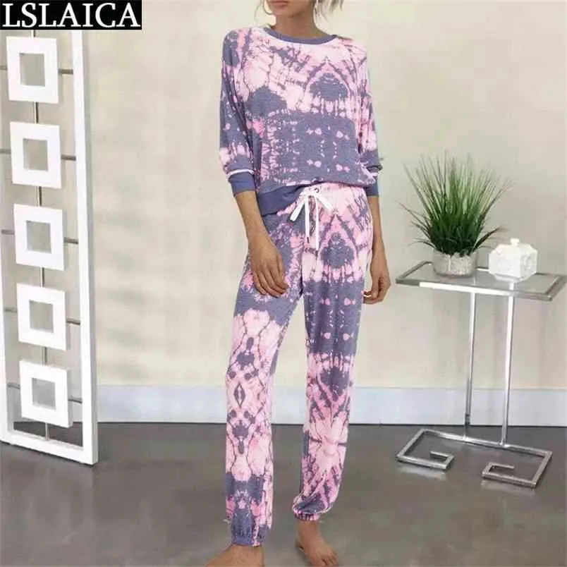 Vêtements pour femmes Pyjamas décontractés à manches longues Tops Pantalons Deux pièces Ensemble Femme Tie-Dye Imprimer Lâche Home Loungewear Conjuntos Mujer 210515