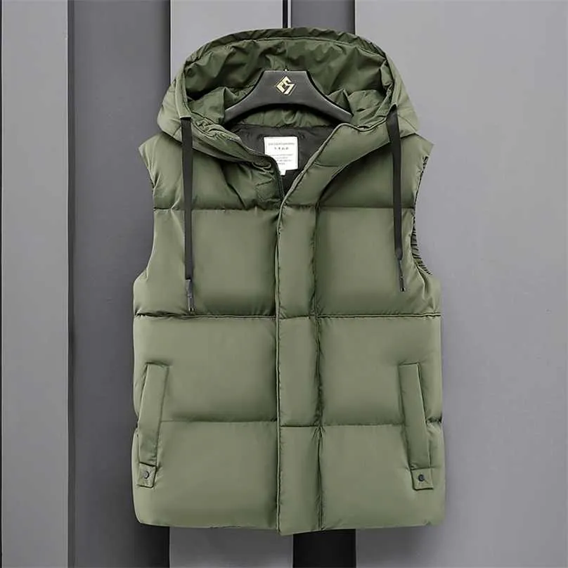 Höst Winter Mäns Casual Hooded Vest Solid Ärmlös Jacka Man Tjock Varm Waistcoat Zipper Västar med Fickor Ytterkläder 211111