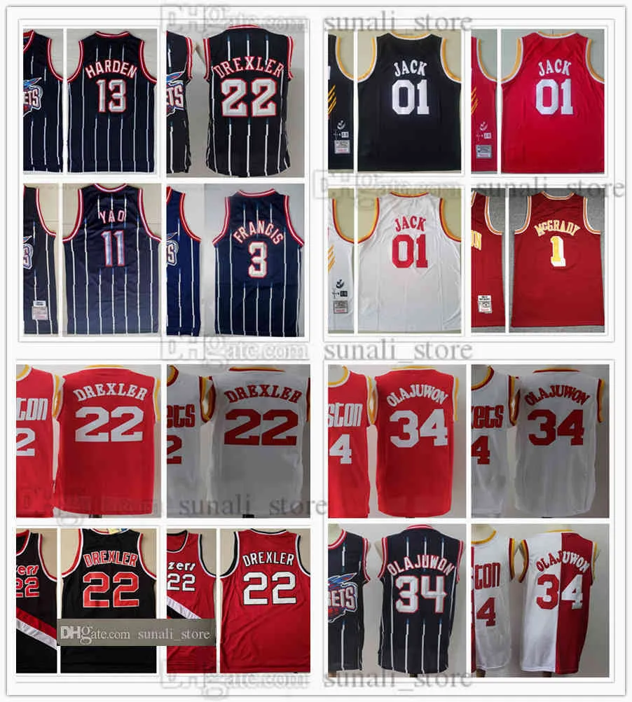 Homme cousu Clyde Drexler 22 Hakeem Olajuwon 34 maillots de basket rétro rouge noir Tracy McGrady 1 Cactus 01 chemises Jack Yao 11 Ming James 13 Harden Steve 3 Francis