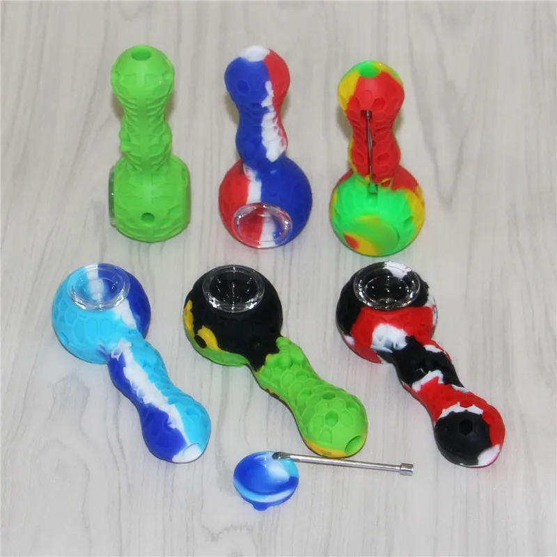 Colorful hand pipe with glass bowl silicone smoking pipes for tobacco dry herb vaporizer reclaim ash catcher