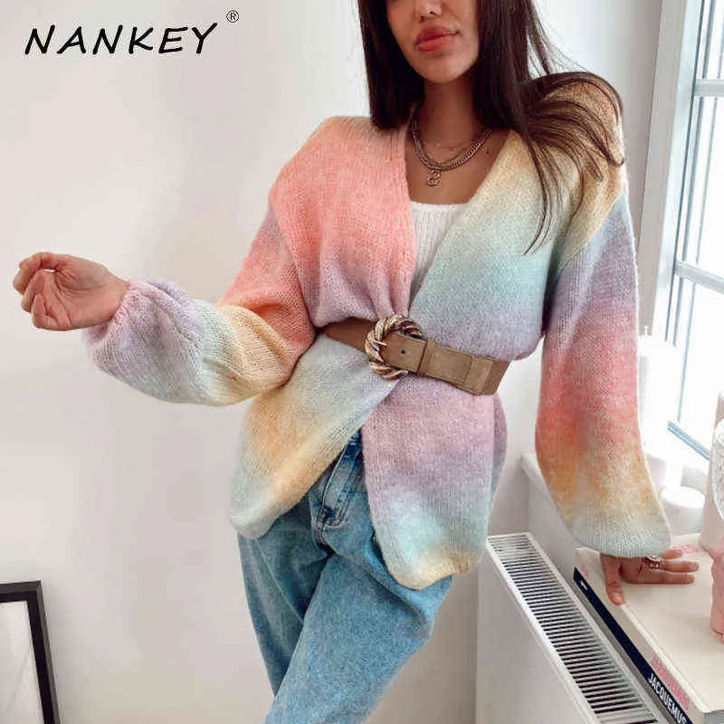 NANKEY Rainbow Gradient Single-breasted Cardigan Sweater Loose Knitted Jacket Oversized For Woman Winter Knit Clothing 210922