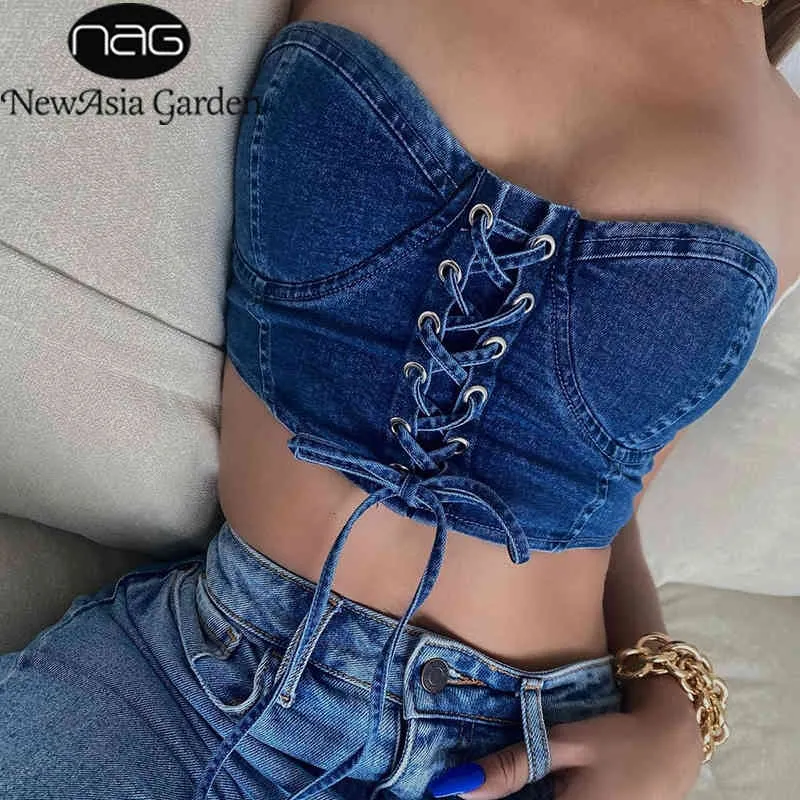 NewAsia Denim Corset Top Lace up Cut out Removable Straps Pads Underwire  Jeans Bustier Women Casual Party Outfits Sexy Cami Top 210413