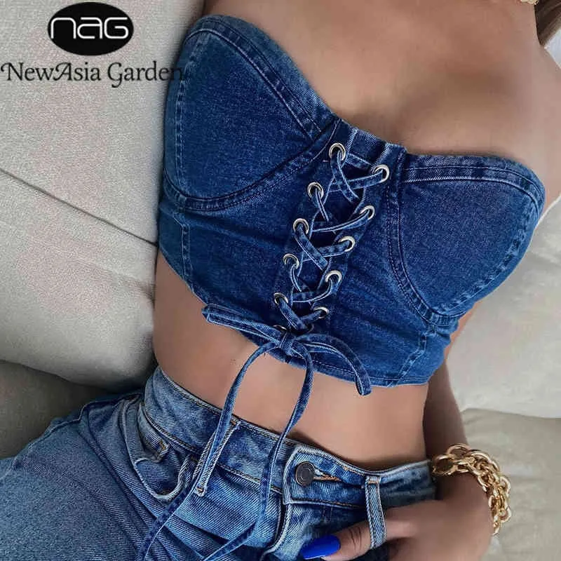 Denim Corset Top: Lace Up Strapless Bustier Cami Removable