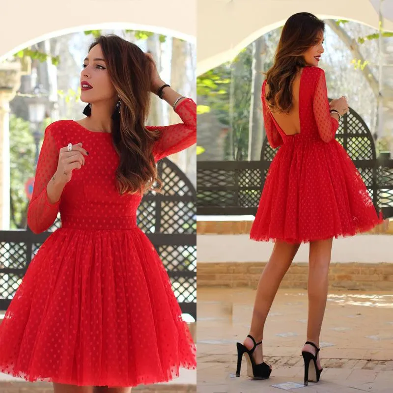 Prom Dresses Red Dotted Tulle 3/4 Long Sleeves Scoop Neck Sexy Backless A Line Ruched Pleats Custom Made Evening Party Gowns Plus Size Vestidos