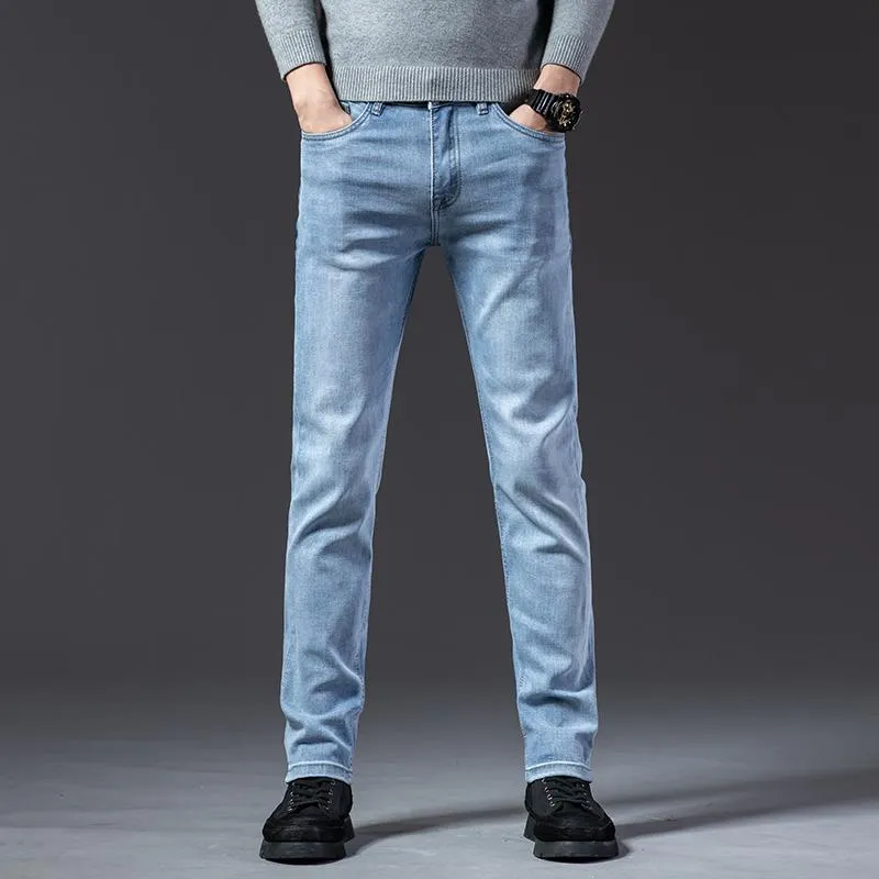 Erkek Kot 2021 Sonbahar Marka Klasik Stil Erkekler Iş Rahat Streç Ince Denim Pantolon Açık Mavi Siyah Gri Pantolon Erkek