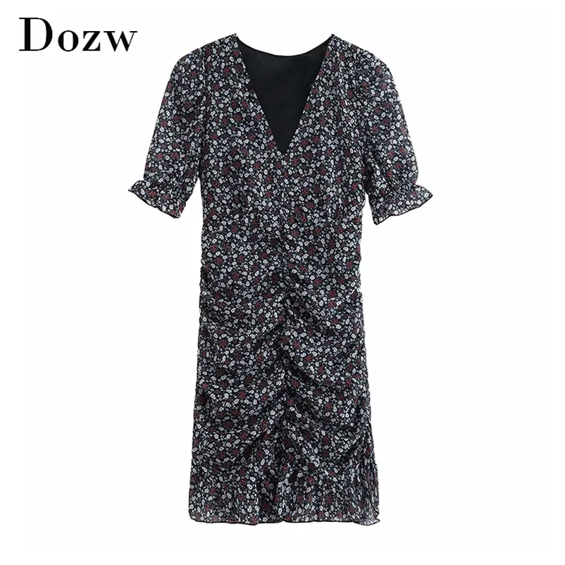 Sexy Bodycon Kwiatowy Mini Szyfonowa Sukienka Lato Butterfly Krótki Rękaw Boho Plaża V Neck Ruffles Sheath Es Lady 210515