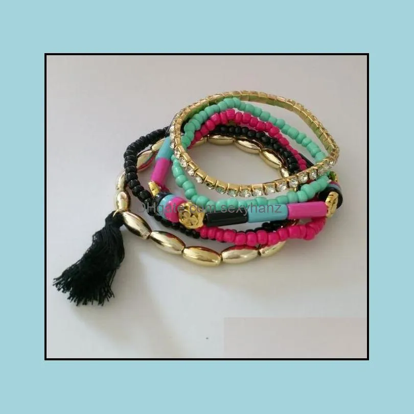 Hot Europe Fashion Jewelry Women`s Bracelet Layers Colorful Plastic Beaded Charms Tassels Elastic Bracelets S112