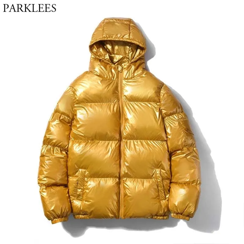 Chaqueta con capucha de invierno metálica dorada brillante para hombre, chaqueta cálida gruesa de Hip Hop para hombre, ropa de calle Harajuku, abrigo para hombre 5XL 210522