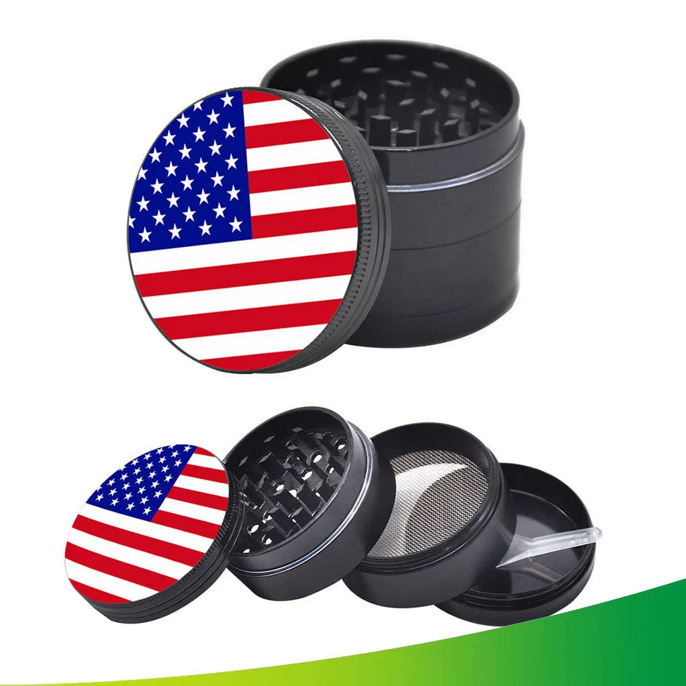 Herb Grinders Flag Patterns Printed Mills Round Shaped Smoke Grinder 4 Layer Zinc Alloy Mental mill Diameter Tobacco Crusher WMQ795