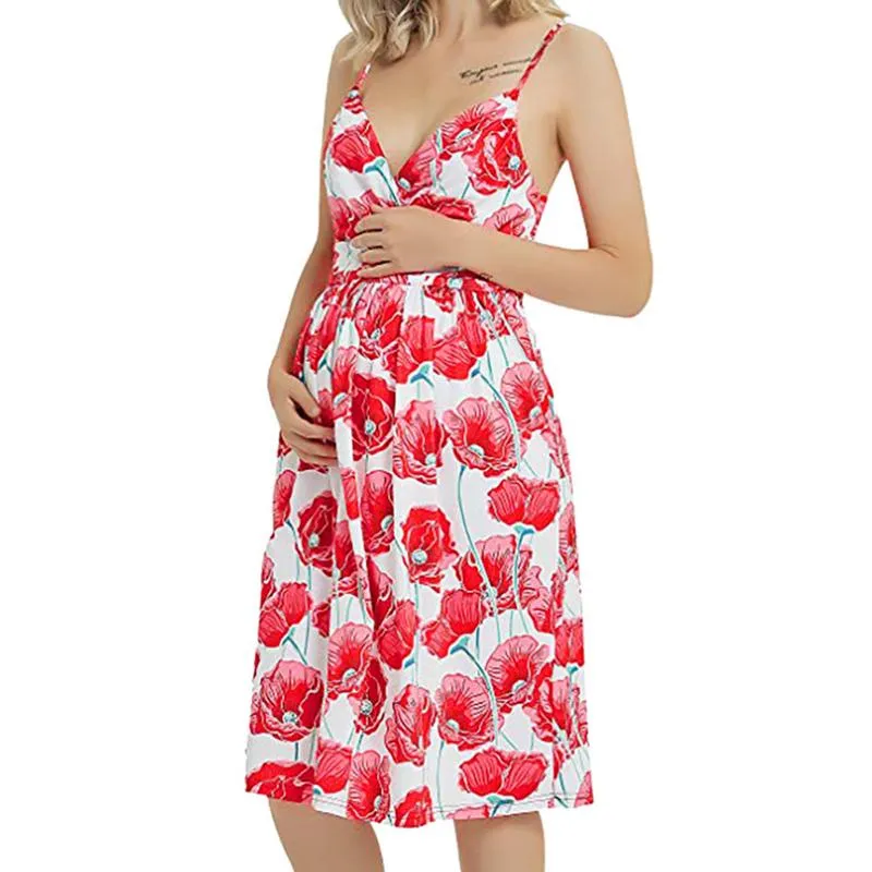 Vestidos de mulher grávida verão floral impresso mamãe vestido v-pescoço sem mangas suspensórios maternidade gravidez vestido longo casual