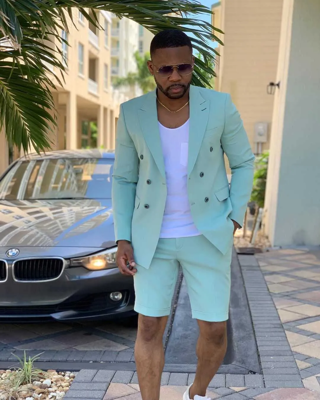 Tailored Made Mint Green Double Breasted Mens Suits Short Pants Summer Beach Groom Suit Casual Business Wedding Best Man Blazer X0909