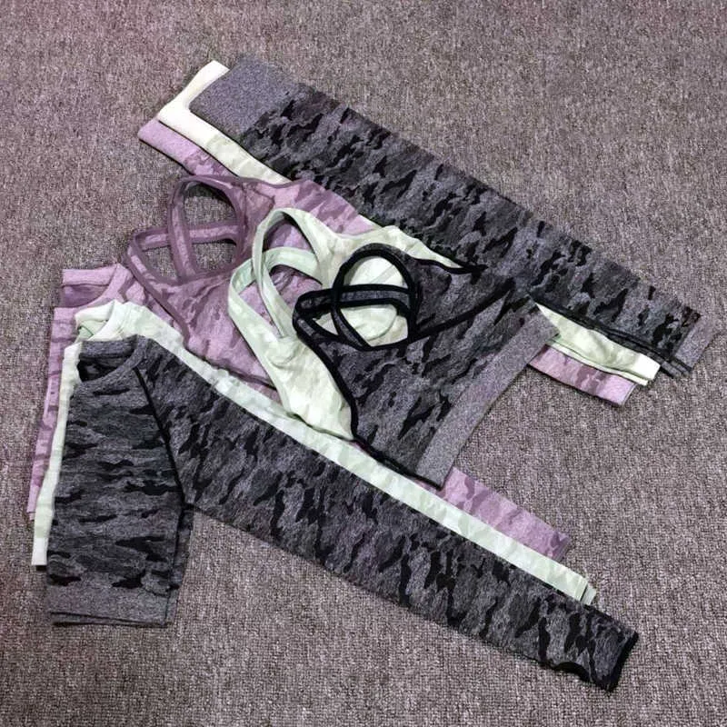 Camo Seamlyoga Sports Biustonosz Zestaw Fitnsuit Kobiet 3 Sztuka Z Długim Rękawem Odzież Odzież High Waist Siłownia Legginsy Ustaw ubrania treningowe X0629