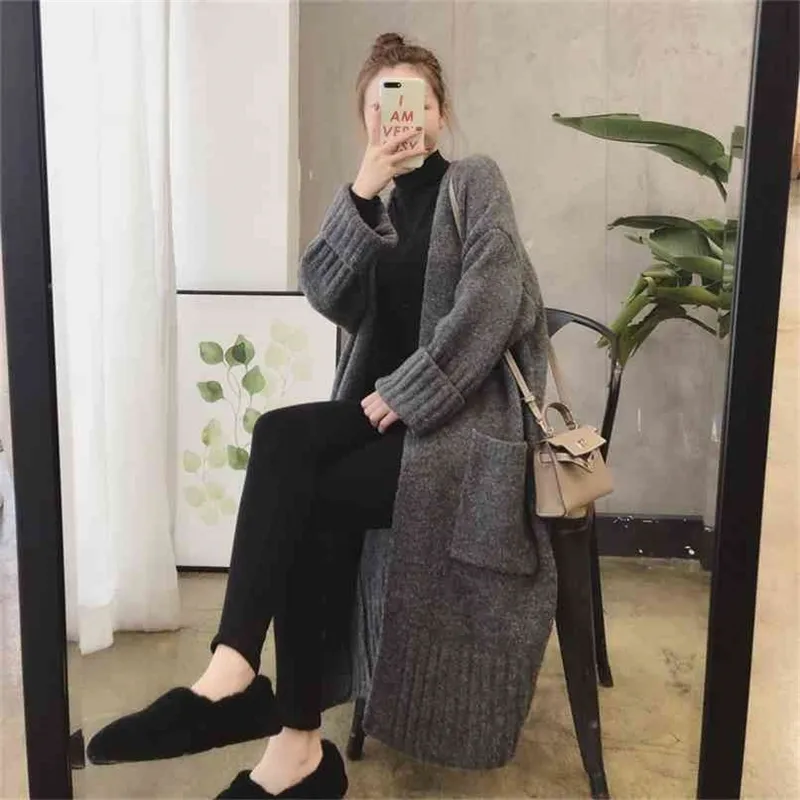 Fashion women's sweater coat autumn and winter loose outer wear thick lazy wind mid-length knitted cardigan 210520