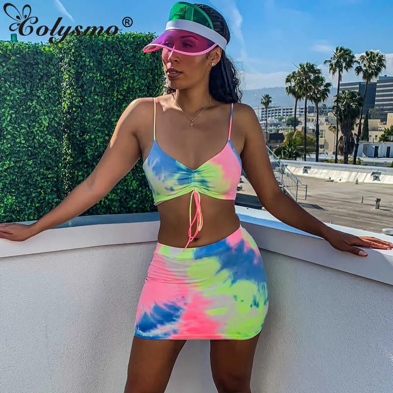 Colysmo multi colore stampa Vestito aderente sexy delle donne a due pezzi estate Streetwear casual coulisse Lace Up Matita 210.527