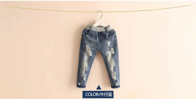  Spring Autumn New 2-10 Years Children Birthday Gift Elastic Long Trousers Washed Hole Denim Baby Kids Girls Jeans Pants (6)