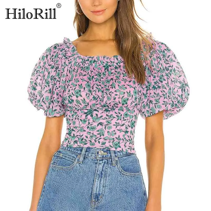 Mulheres Chic Floral Cópia Cropped Blusas Summer Puff de Manga Curta Blusa Camisa Ladies Vintage Ruffles Tops Blusas 210508