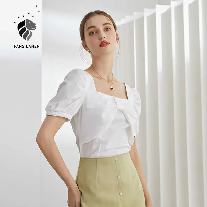 Fansilanen Office Lady Both Sleeve Topy Kobiety Bowknot Square Collar White Shirt Lato krótkie bluzki 210607