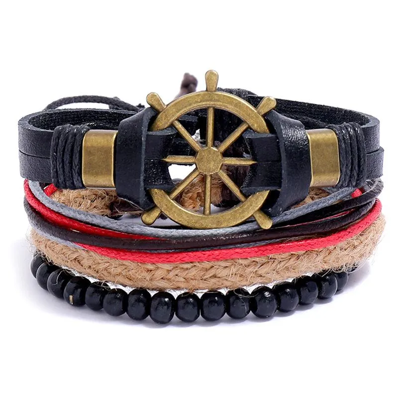 Bangle JessingsHow 4 stks / set Mannen Jongens Lederen Armband Geweven Armbanden Vintage Roer Mannelijke Verjaardagscadeau Sieraden Polsband