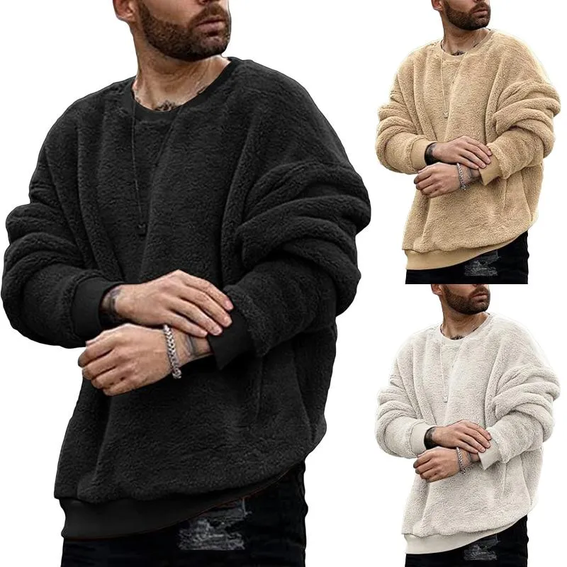 Men's Hoodies & Sweatshirts Winter Men Fuzzy Pullover O Neck Plush Sweatshirt Male Oversize Long Sleeve Cashmere Sport Solid Color Autumn Ou