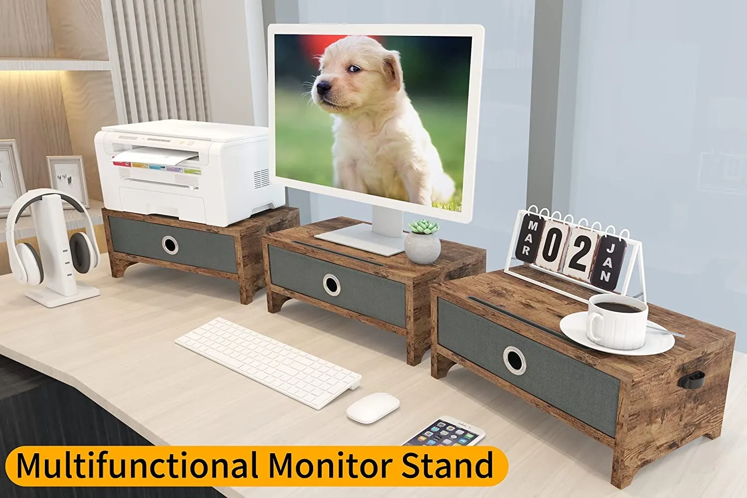 TuliperMood Support D'écran Avec Tiroir En Bois - Organiseur De Bureau