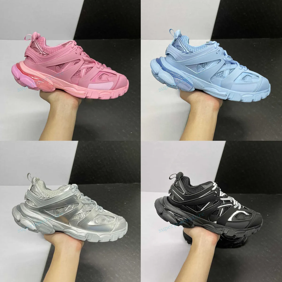 2023 Top Parijs Vrijetijdsschoenen Metaal Zilver IJsblauw Zwart Wit Geel Bordeaux Roze Marine Koningsgrijs Sneakers voor heren en dames Netto schoenen