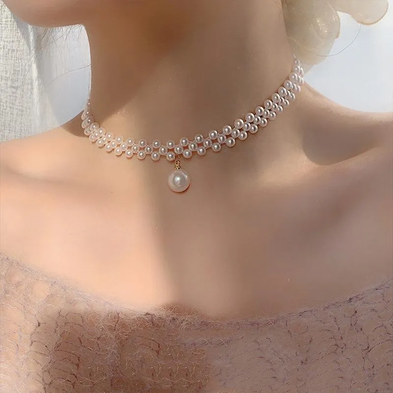 Collares con colgantes, collar de cadena para el cuello tejido con perlas, cadena de clavícula con sentido de diseño coreano 2021, personalidad de moda para mujeres de verano