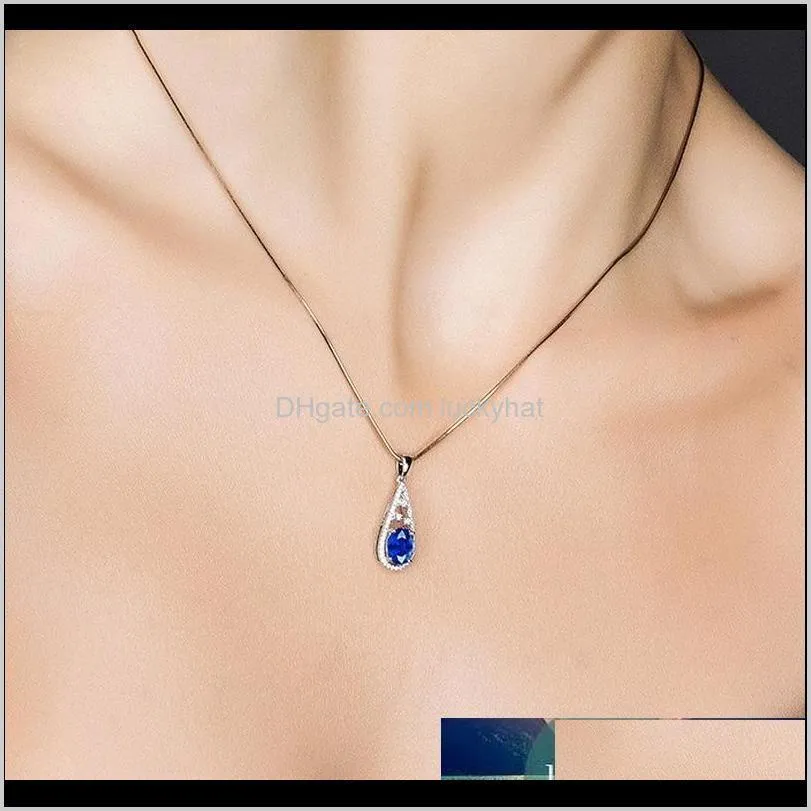 elegant water drop blue sapphire necklaces pendants for women 925 sterling silver color gemstone zircon pendant charm necklace