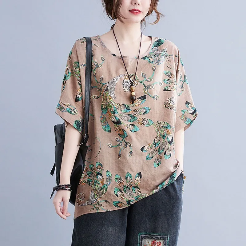 Donne di grandi dimensioni Summer Shee Casual T-shirt Nuova arrivo in stile vintage Stampa floreale Lince di lino di cotone femmina Tees S3632 210412