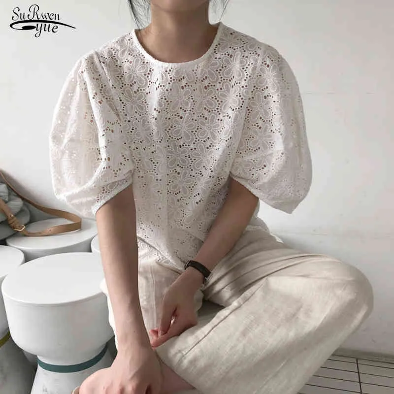 Summer Office Lady V-Neck Floral Women Shirt Hollow Out Short Sleeve Blouse Pullover White Ladies Tops Clothing 14290 210521