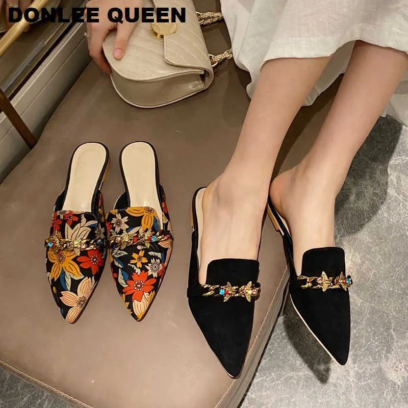 Women s Pointed Toe Rubber Slippers with Metal Chains Stylish Flat Outsole Slides for Casual Wear