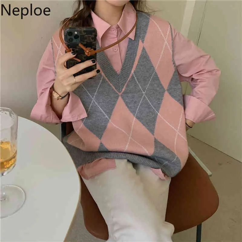 Neploe Woman Sets Casual Loose All-Match Conjunto de dos piezas Spring Knit Plaid Chaleco Camisa blanca Tops Ropa de otoño Mujeres Traje coreano 210422