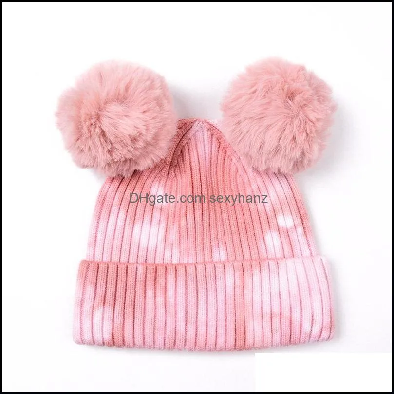 Cute Soft Warm Knitted Hat 2 Pom Pom Winter Hats Outdoor Ski Bike Rib Knit Beanie Girls Tie Dye Beanie GWF12178