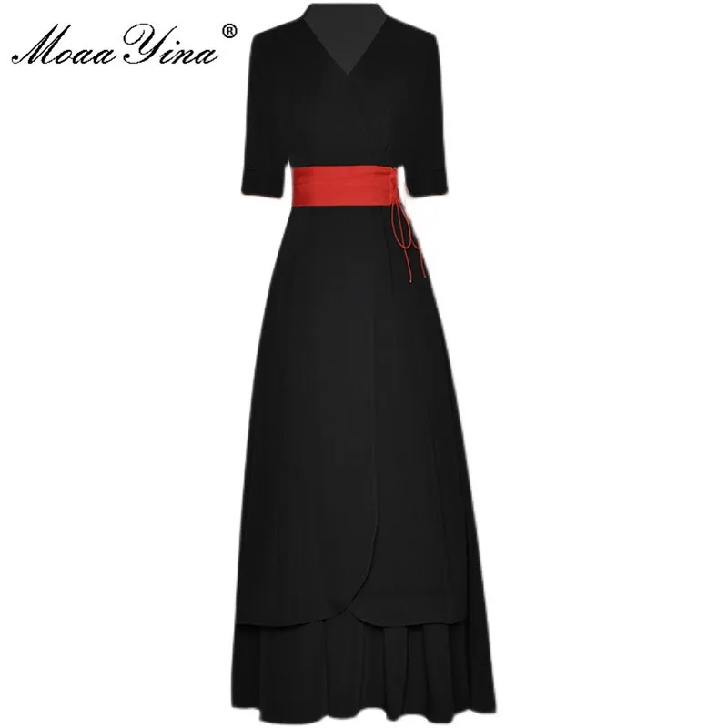 Summer Fashion Runway Designer Dress Women V Neck Half sleeve Belted High waist Slim Balck Midi Vestidos 210524