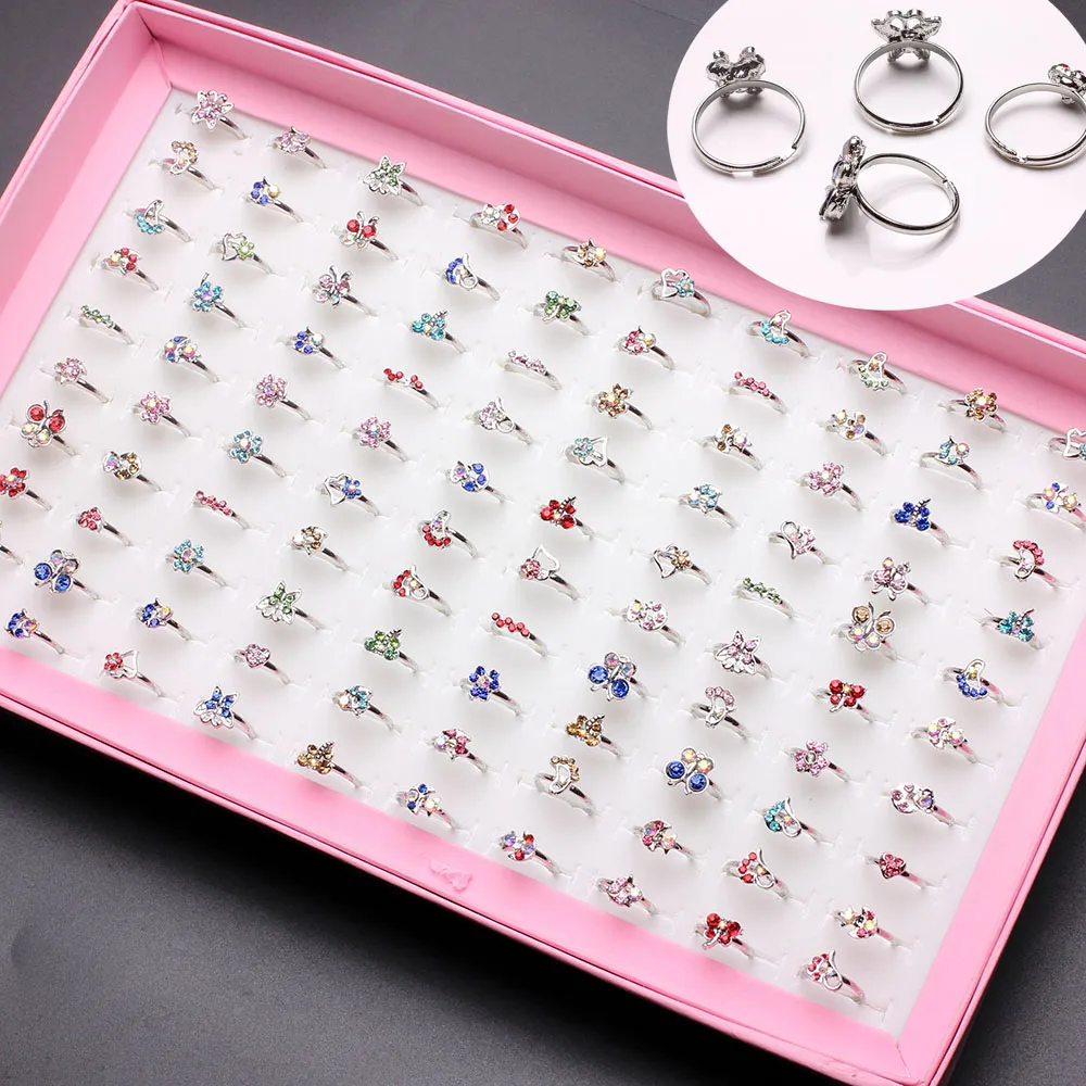 Mixed 100pcs Assorted Cartoon Crystal Adjustable Rings Kids Girls Mix Styles Ring Party Gift Jewelry No Box