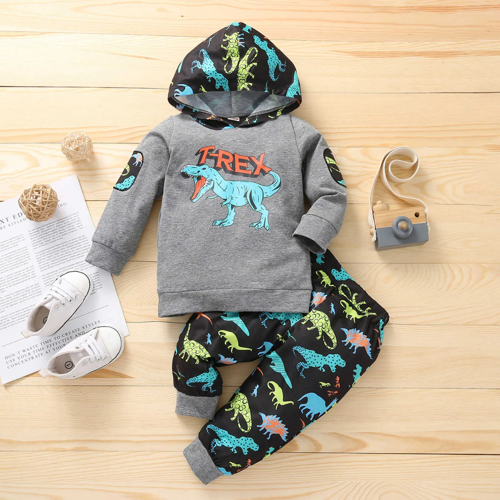 2pc peuter babyjongen brief dinosaurus hoodie sweatshirt top + broek outfits set zuigeling pasgeboren kleding herfst winter trainingspak G1023