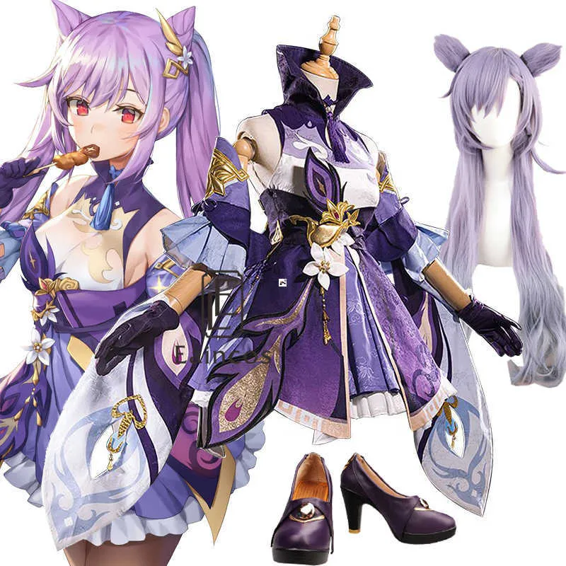 Genshin Impact Keqing Purple Game Suit Sukienka Piękna mundur anime Cosplay Cosplay Kostium Buty Halloween Party Strój dla kobiet Y0903