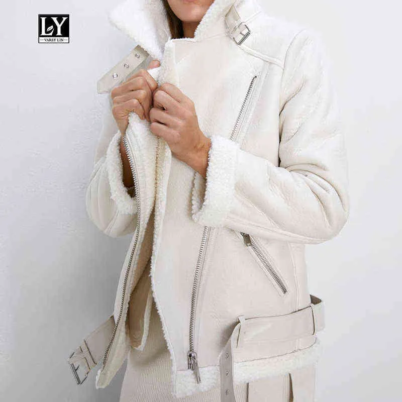 Ly Varey Lin Winter Faux Lambレザージャケットの女性のフェイクレザーランブールウールの毛皮の襟PU Motoジッパージャケット暖かい厚手のアウター211118