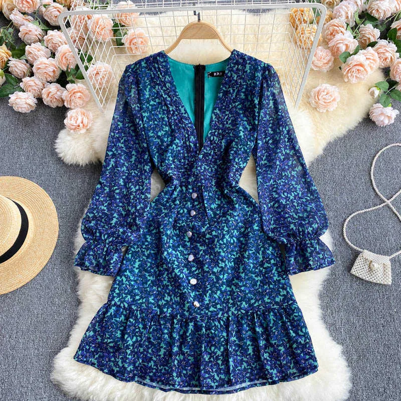 Sexy bleu imprimé simple boutonnage mini robe femmes col en v lanterne manches longues taille haute volants robes vacances plage été Y0603