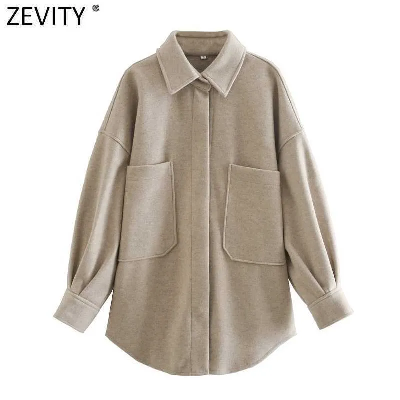 Zevity Women Vintage Solid Color Duże kieszenie Patch Casual Koszula Płaszcz Kobiet Streetwear Znosić Chic Luźna Kurtka Topy CT615 210603