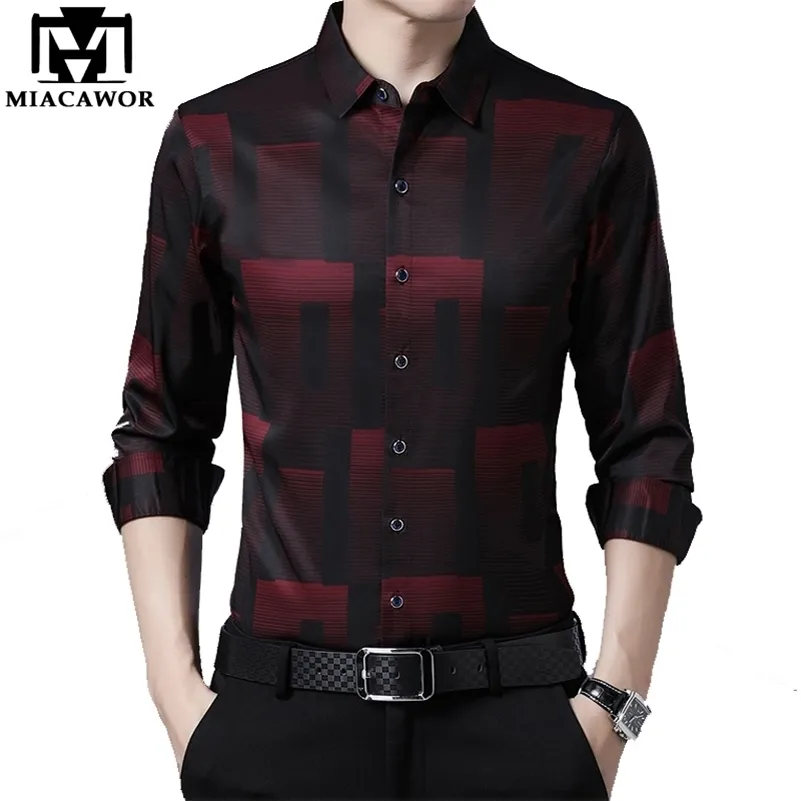원래 남성 셔츠 실크 코튼 봄 가을 긴 소매 셔츠 남성 캐주얼 격자 무늬 셔츠 슬림 맞는 Camisa Masculina C688 210705