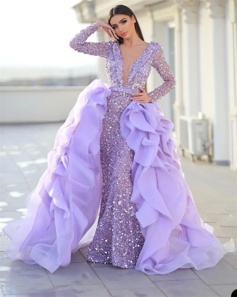 Lekki Purpurowy Syrenka Prom Dresses z odłączanym pociągiem Suknia wieczorowa Custom Made Cekiny Długie Rękawy V Neck Party Suknia