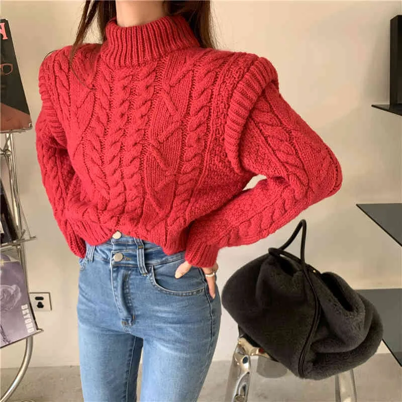 Suéter de punto para mujer Otoño e invierno suelto estilo coreano femenino color sólido suéteres y jerseys rojos para mujer (R99516) 210423