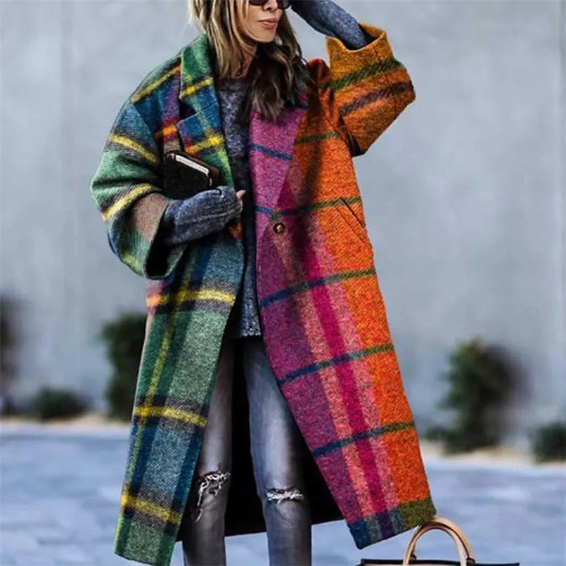 女性のファッション格子縞の印刷暖かいウールカーディガン秋冬エレガントなターンダウン襟の外出オフィスの女性シングルボタンルーズコート211110