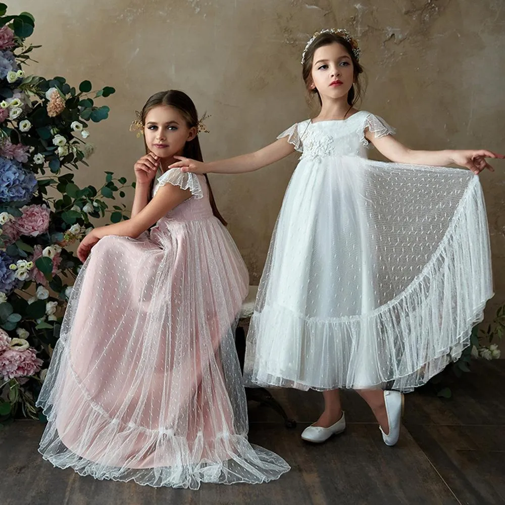 Vestido de tutú a la moda para niños, vestido de princesa para niña con flores para fiesta de boda, vestido de baile de alta calidad