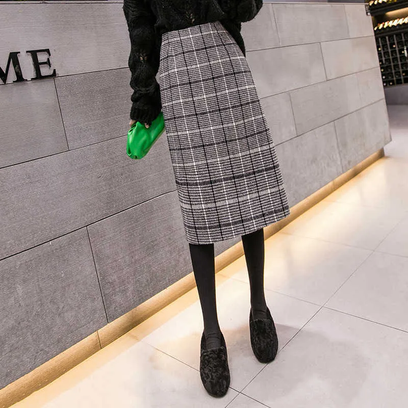 Otoño e Invierno, versión coreana para mujer, de lana a cuadros, cintura alta, combina con todo, falda de media longitud, elegante oficina 210527