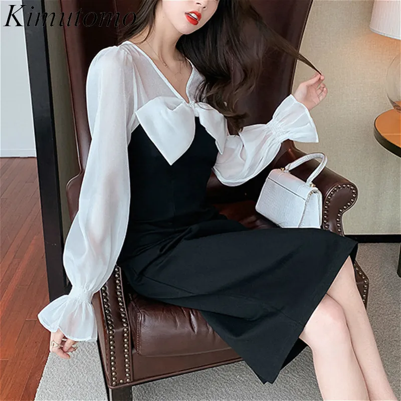 Kimutomo Kobiety V-Neck Bow Dress Wiosna Jesień Korea Chic Damska Patchwork Szyfonowy Rękaw Rękaw Czarny Vestido Elegancki 210521