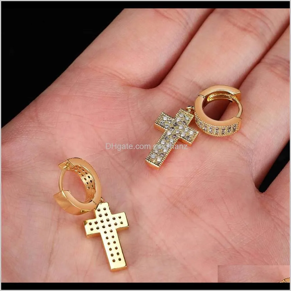 double row full diamond hip hop earrings with zircon cross earrings