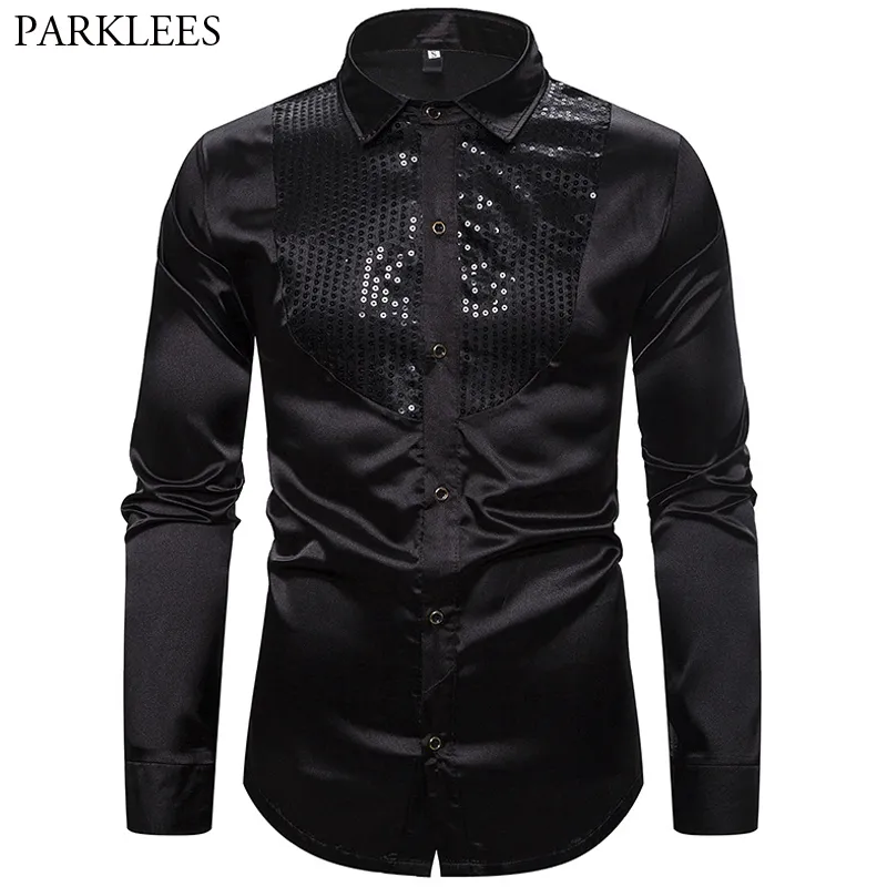 Svart tröja Mens Silk Dress Shirt Sequin Men Fashion Tuxedo Shirt Casual Slim Fit Men Tröjor Långärmad Män Kläder Camisa USA 210524