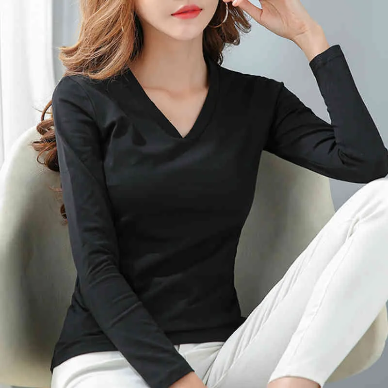 Fashion Shirts Women V-neck T Solid Black Cotton T-shirt Clothes Tshirt Tops Long Sleeve C672 210426